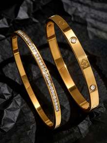 1 pieza/2 piezas Conjunto de pulsera de acero inoxidable dorado con trébol de diamantes, accesorio de lujo minimalista para hombres, regalo exclusivo del Día de San Valentín - Dorado - Ver 7