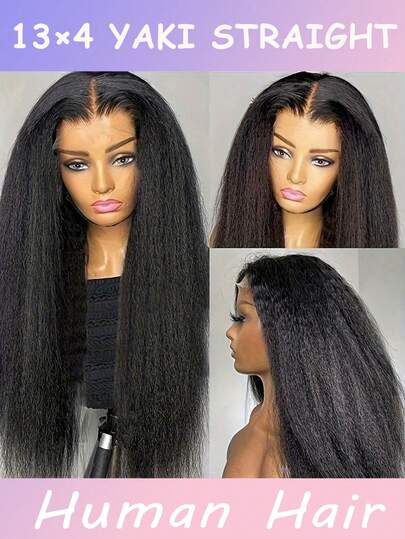 Yaki Straight Glueless Wig 13x4 Pre Cut Lace Front Wigs,Human Hair Put On And Go Wigs For Beginners,Transparent Lace Front Wigs Pre Plucked Easy To Wear,Kinky Wig 13X4 Lace Front Wigs,Kinky Straight Human Hair With 200% Density, Pre-Plucked For A Natural Hairline, Elegant Hair Style,Breathable For Daily Use,Parties,Swimming,Vacation,Easy Wear For Women,Natural Black Color For Women,Create Beautiful Appearance