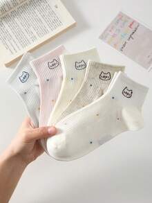 5 Pairs Cute Cat & Polka Dot Pattern Women's Ankle Socks, Non-Slip Breathable, Suitable For Spring/Summer - White - View 3