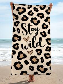 1条米色和黑色豹纹沙滩巾，“Stay Wild”手写豹纹爱心图案，高吸水性泳池/沙滩巾，狂野态度甜美时尚沙滩巾，适合海滩、泳池或夏季度假 - 米色 - 查看 8