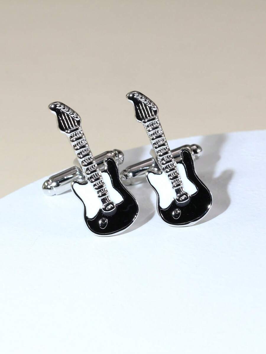 1 đôi khuy măng sét hình đàn guitar phong cách Rock & Roll dành cho nam giới - Bạc - Xem 1
