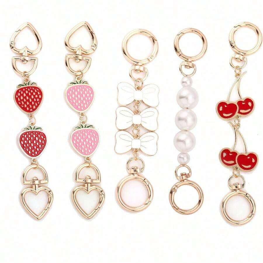 Fashionable Women's Bag Extension Chain With Cherry Pearl Bow Pendant, Strawberry Extension Chain Bag Pendant, Red/Pink Strawberry Cherry Bag Shoulder Strap, Girl's Bag Decoration, Shoulder Bag, Handbag Extension Metal Chain, Exquisite Decoration - BG00118-02 - 查看 1