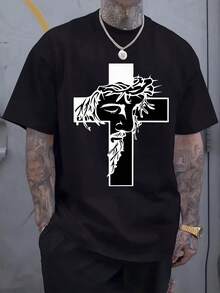 Camiseta de manga corta con cuello redondo para hombre con estampado cruzado, camiseta moderna de corte regular, ropa masculina para primavera y verano, ideal para Pascua, Halloween, Día de Acción de Gracias, etc. - Negro - Ver 6