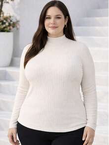 Women's Plus Size Long Sleeve Blouse With Medium High Ribbed Neck, Premium Comfortable Viscose - Trắng ngà - Xem 6