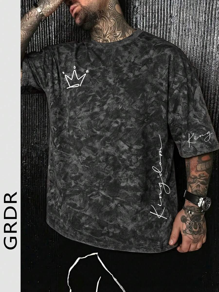 GRDR 男士休闲印花圆领短袖T恤，夏季 - 黑色 - 查看 1