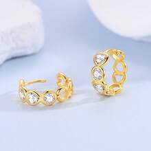 1 Pair 18K Gold-Plated Alternating Heart Round Cut Cubic Zirconia Hoop Earrings With Hollow Heart Accents Elegant Romantic Design For Daily Wear, Bridal Gifts & Statement Accessories - Gold - View 2
