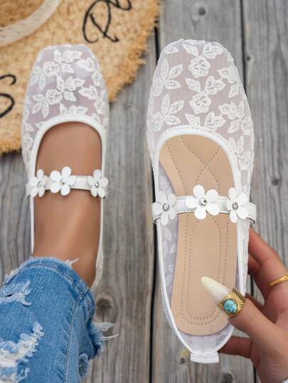 Platte damesschoenen met strik en vierkante neus, gebreide casual schoenen, casual ballerina's in grote maten, comfortabele ballerina's voor de zomer, instappers voor moeders, veelzijdige casual damesschoenen, platte schoenen met luipaardprint en veters in bohemian stijl (geel, zwart, wit, beige, lichtblauw), casual zomerschoenen voor buiten in grote maten (Europees en Amerikaans), slouchy schoenen, damesschoenen met holle strik, elegante witte platte schoenen, bloemenprint