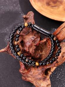1pc Vintage Leather Tiger Eye Braided Bracelet For Men, European And American Style Tiger Eye, Volcanic, Natural Agate Multi-Layer Black Bracelet - Multicolor - View 5