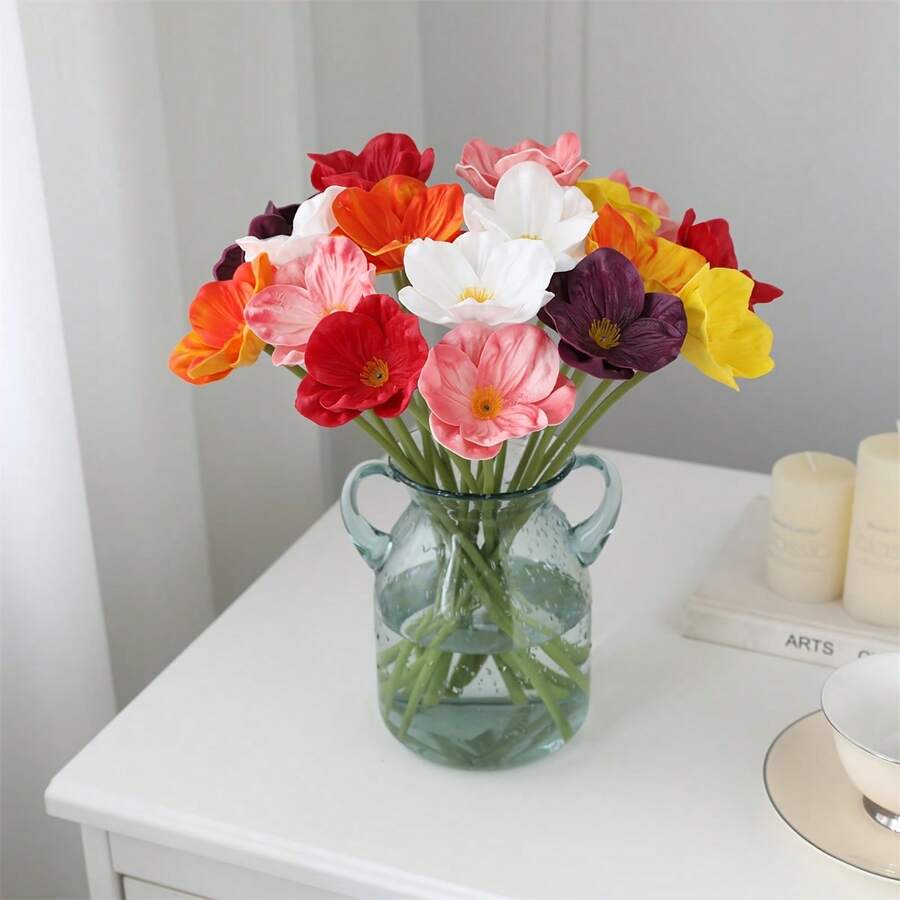 15 flori artificiale de din PU (Papaver Rhoeas), potrivite pentru decor interior, sărbători, decor de Ziua Mamei, petreceri, buchete DIY, decor de birou pentru buchet de flori artificiale, decor de petrecere de nuntă, decor de primăvară/vară, Halloween, Paște, cadouri de carnaval - Multicolor - Vizualizare 1