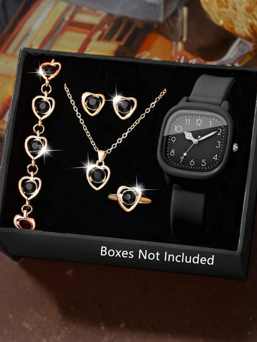 6pcs/Set Minimalist Casual Women's Quartz Watch, Women's Romantic Style Black & Gold Color Heart-Shaped Accessory Set (Including Black Silicone Strap Black Dial Quartz Watch, Heart-Shaped Bracelet, Necklace, Earrings, Ring), Featuring Black-Gold Contrast And Heart-Shaped Elements. - Black - View 1