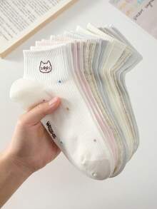 5 Pairs Cute Cat & Polka Dot Pattern Women's Ankle Socks, Non-Slip Breathable, Suitable For Spring/Summer - White - View 1