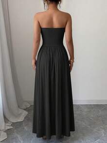 Women Summer Strapless Dress Sleeveless Tube Dress Ruched Flowy Side Pocket Bandeau Maxi Dress Casual Spring Vacation Holiday Beach Cocktail Wedding Guest Midi Dresses Outfits - 黑色 - 查看 2