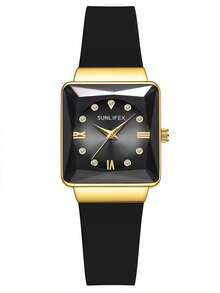 1件装奢华优雅女士石英表，方形表盘，镶嵌闪亮钻石的混合刻度，镀金合金表壳，精致简约风格，完美搭配现代休闲装束。 - 黑色 - 查看 7