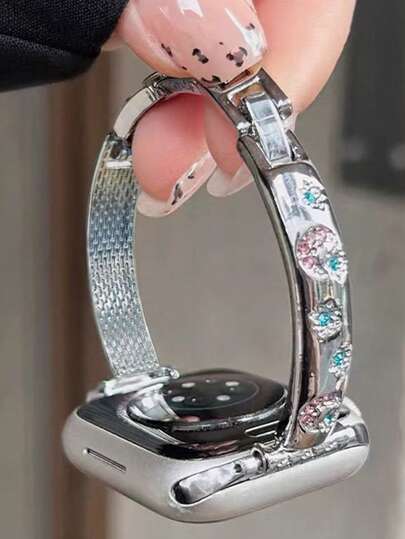 1条全新银色金属表带，女士表带，镶嵌钻石星月图案，兼容 38/40/41/42/44/45/46mm，兼容 Ultra/SE/Series 1/2/3/4/5/6/7/8/9/10/11，独特创意女士表带，适合春夏佩戴，智能手表配件