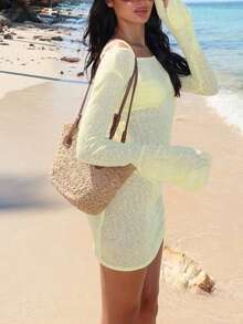 Women's New Lightweight Breathable Knit Yellow Cover-Up Dress, Off Shoulder Cinched Waist Bodycon Mini Dress, Sexy Backless, Suitable For Beach Vacation, Beach Party, Holiday Date, Outing, Music Festival - Light Yellow - View 9