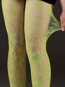 1pc Plus Size Jacquard Fishnet Stockings, Floral Hollow Out Leggings, & Fashionable, Suitable Party, Home, Office, Halloween, Y2K, Gothic Style, Back To School - 白色 - 查看 1