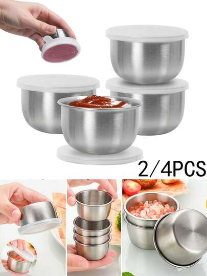 2/4pcs Stainless Steel Sauce Spice Bowl,Portable Leak-Free Sauce Cup With Clear Lid,Reusable Sauce Container,For Work,School,Picnic And Travel,School Lunch Box Accessories,Appetizer Dishes,Sauce Cups,Sushi,Soy Dishes