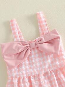 Mono corto para niñas pequeñas con lazo en la parte delantera, sin mangas, a cuadros, con pantalones anchos, peto, ropa de verano para niños. - Rosa - Ver 8