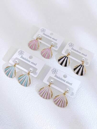 Ladies' Striped Shell Earring, Simple And Elegant Earring Stud For Teen Girls , Versatile Colorful Oil-Dripping Stainless Steel Earrings For Women Ocean Beach Design Chunky Stud Earrings Perfect For Everyday Wear And Beach Vacation Parties Gifts Statement Jewelry Vintage Casual Boho Style