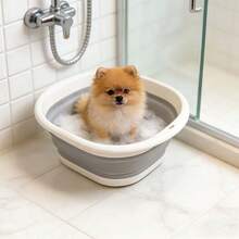 可折叠宠物浴缸，小型犬洗浴盆带排水口，通用猫狗浴缸，多功能带脏衣篮 - 灰色 - 查看 1