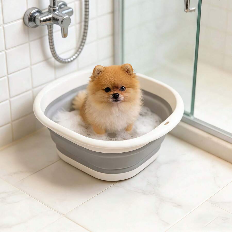 可折叠宠物浴缸，小型犬洗浴盆带排水口，通用猫狗浴缸，多功能带脏衣篮 - 灰色 - 查看 1