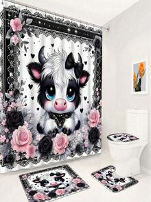 1件/4件套卡通可爱蝴蝶结小牛图案浴室浴帘套装 - A - 查看 22