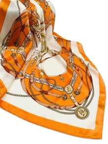 1条链条印花领巾，优雅围巾，时尚设计，可作围巾/头巾/发带，适合提升整体时尚造型，适合海滩、度假等场合。 - 橘色 - 查看 1