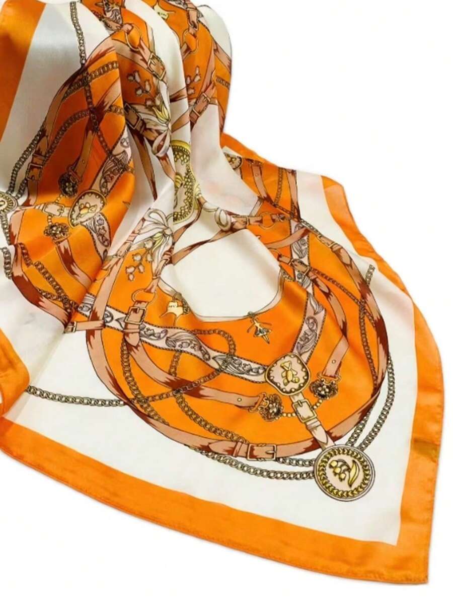 1条链条印花领巾，优雅围巾，时尚设计，可作围巾/头巾/发带，适合提升整体时尚造型，适合海滩、度假等场合。 - 橘色 - 查看 1