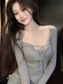 Spring/Summer New Fashionable Drawstring Tie Neck Long Sleeve Cropped Top Women, Open Slit Flare Sleeve Fitted Slim Blouse, Chic Casual Wear Showing Collarbone - Grey - View 3