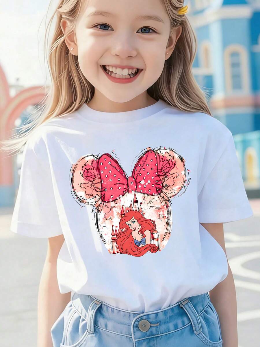 Disney Officially Licensed Whimsical Ariel Minnie Head With Floral-Inspired Bow Print Girls Casual Lightweight Easy To Care For Kids' T-Shirt For Play And Family Trips - Blanc - Voir 1