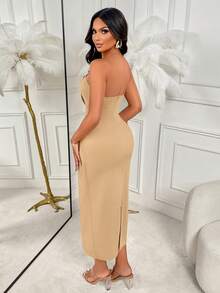 AIJ Amarilo Asymmetric Tubular Dress With Metal Buckle, Fitted Mid-Length Summer Elegant - Khaki - View 2