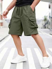 1pc Boys' Outdoor Sports Casual Fashionable Versatile Straight Leg Multi-Pocket Knee-Length Shorts - Army Green - View 6