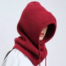 1pc Women's Fashion Knitted Hooded Neck Warmer, Drawstring Balaclava Hat, Versatile For Commuting - Beige - View 6