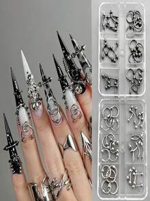 2Box 3D Halloween Mixed Punk Metal Rivet Nail Art Charms 9/10/11mm Silvery&Gun Black Cone Spike Studs DIY Manicure Rivet*-6Grids 30pcs/Boxed - Multicolor - View 1