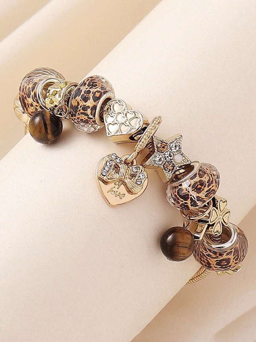 1Pc Leopard Print Butterfly Pendant Bracelet, 1 Butterfly Heart Bracelet, Fashionable Leopard Print DIY Bracelet, 1 Zirconia Star Music Festival Bracelet - Hình trái tim bướm in họa tiết da báo - Xem 1