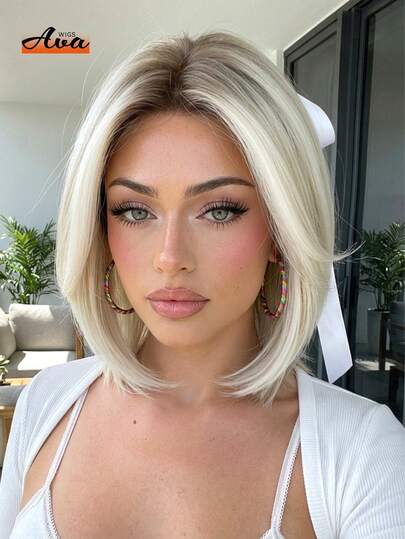 12 Inch Women Short Straight Bobo Wig, White Highlights With Dark Roots, Suitable For Cosplay And Daily Wear, High Temperature Fiber Synthetic Wig