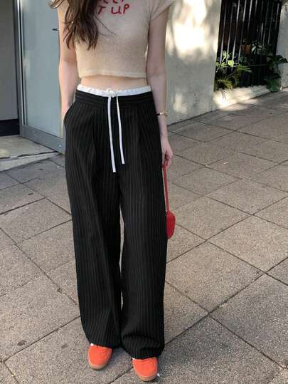 Korean Chic Vintage Contrast Color Drawstring Tie Striped High Waist Straight Leg Loose Palazzo Pants (Random Stripe) Spring Black