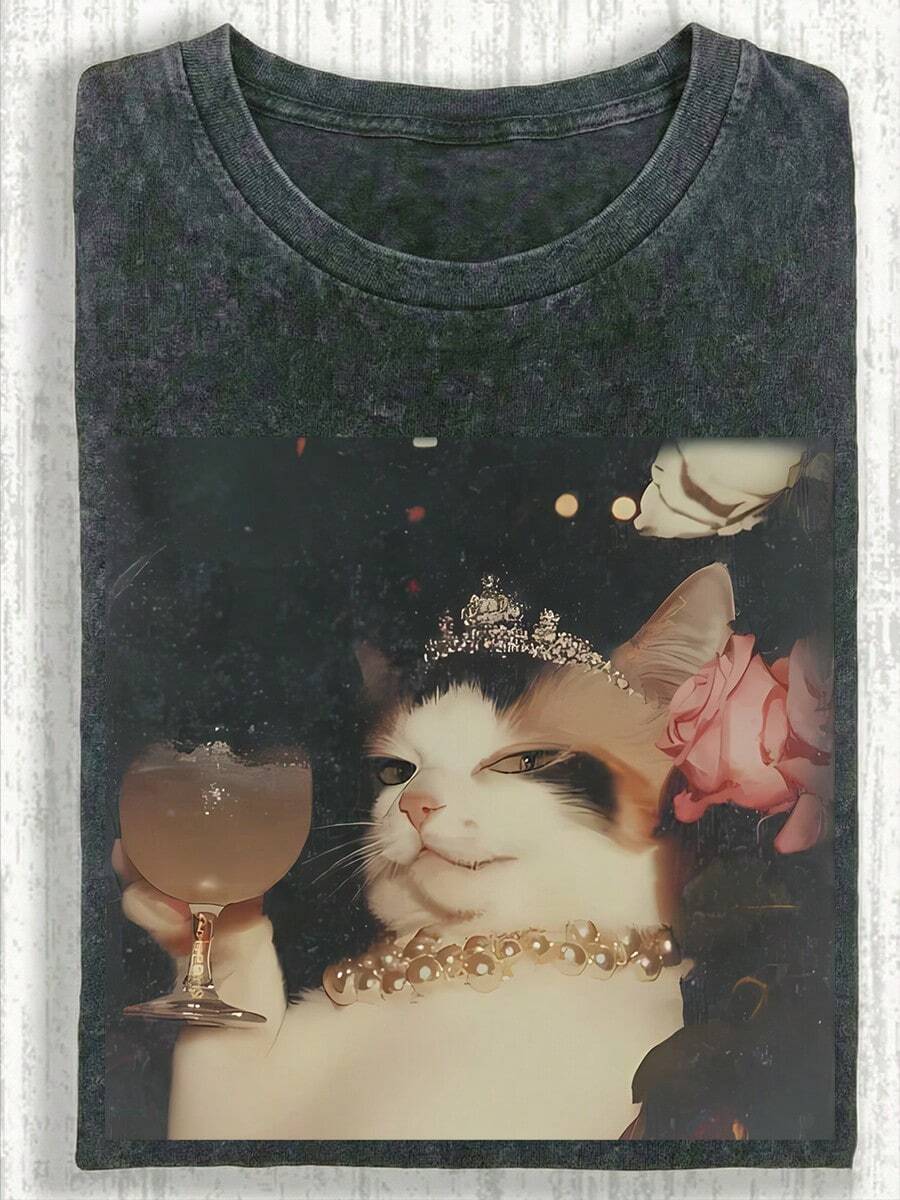 加大码女式夏季猫咪印花水洗纯色休闲简约复古日常宽松圆领棉质短袖T恤上衣 黑色 - 黑色 - 查看 1