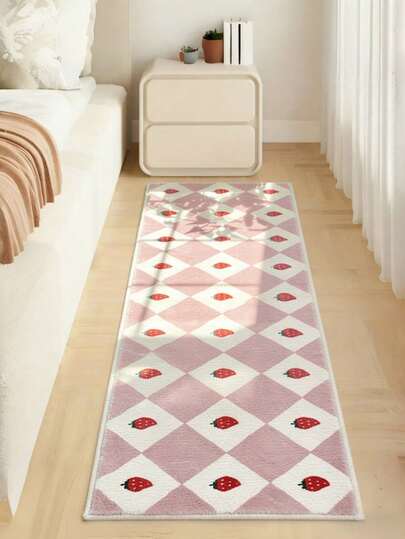 1pc Faux Wool Rug, Strawberry & Plaid Design, Soft & Comfortable, Easy To Clean, Suitable For Living Room, Bedroom, Bedside, Window Sill, Vanity, Bathroom, Hallway, Area Rug, Bedside Decor Rug, Home Decor Rug, Holiday Decoration