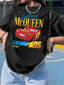 Disney Casual Women's Black Cotton Short Sleeve Regular Length Round Neck T-Shirt With Lightning McQueen Print, Men's Sizes Suitable For The Whole Family - 黑色 - 查看 1