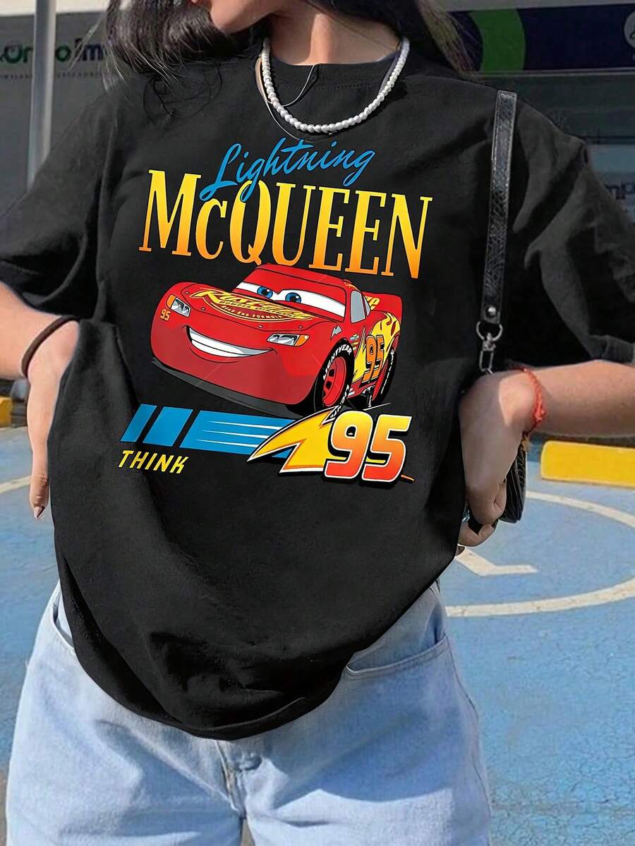 Disney Casual Women's Black Cotton Short Sleeve Regular Length Round Neck T-Shirt With Lightning McQueen Print, Men's Sizes Suitable For The Whole Family - 黑色 - 查看 1