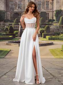 HEARBOBO 别致巴洛克风格返校礼服，高端缎面吊带美人鱼长裙，法式婚纱 - 白色 - 查看 8