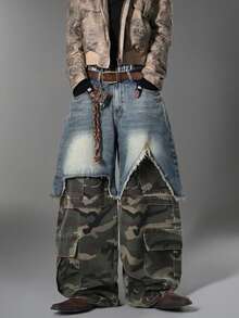 Hong Kong Style Vintage Men's Jeans, Distressed Whisker Multi-Pocket, Patchwork Versatile All-Season Pants (Belt & Accessories Not Included) - Blue - View 6