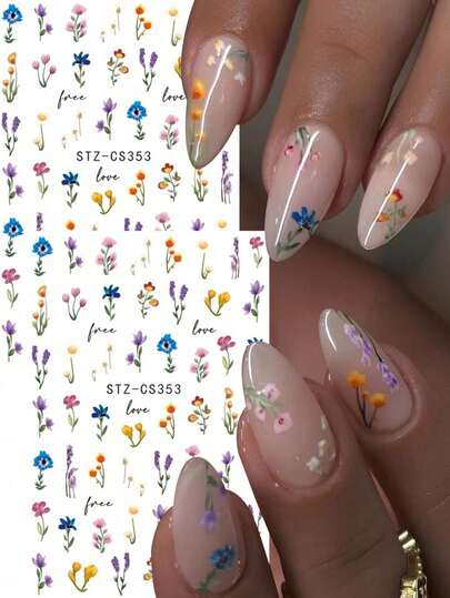 2PCS 3D Wild Flowers Nail Art Stickers Colorful Water Color Florals Self-Adhesive Sliders For Nails Spring Summer Petals DIY Manicure Accessories
