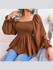Blusa de manga larga de gasa con volantes y cuello cuadrado | Estilo casual, nueva colección de primavera/verano - marrón café - Ver 4