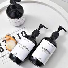 Set de 3 botellas rellenables de 500ml con cuello grueso de color marrón para champú, gel de baño y acondicionador - Negro - Ver 2