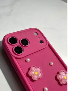 1pc Creative Pink Cute Triple Flower Layered Perforated Phone Case, Compatible With Apple 11/11 Pro Max/12/12 Pro/12 Pro Max/13/13 Pro/13 Pro Max/14/14 Plus/16 Pro Max/17 Pro Max, Galaxy S26 S25 S24 S23 S22 Ultra, 14C, Moto G Series, C55 - Hot Pink - View 2
