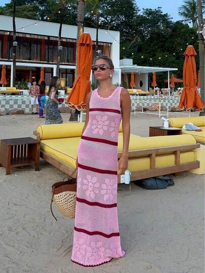 MORI Women's Summer Color-Block Pink Knit Cover-Up Dress Fashionable Casual Sleeveless Tie-Front Tank Dress Bohemian Style, Beach Vacation, Beach Party, Music Festival, Casual Date, Elegant Dress Women's Beach Vacation Outfit, Summer Outfit, Vacation Dress