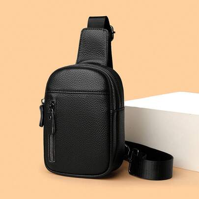 Bolso de pecho de cuero de primera calidad, bolso de hombro multifuncional para hombre, bolso cruzado de cuero genuino, bolso de pecho deportivo casual de alta gama para hombre.