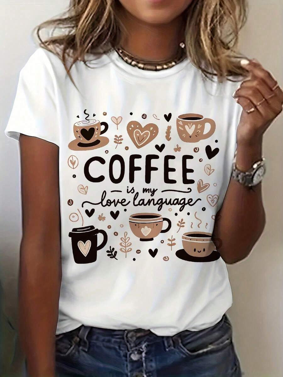Adorable Coffee-Themed Graphic Tee, Short-Sleeved Crew Neck Casual Shirt Perfect for Spring And Summer, Women'S Apparel - Blanco - Ver 1